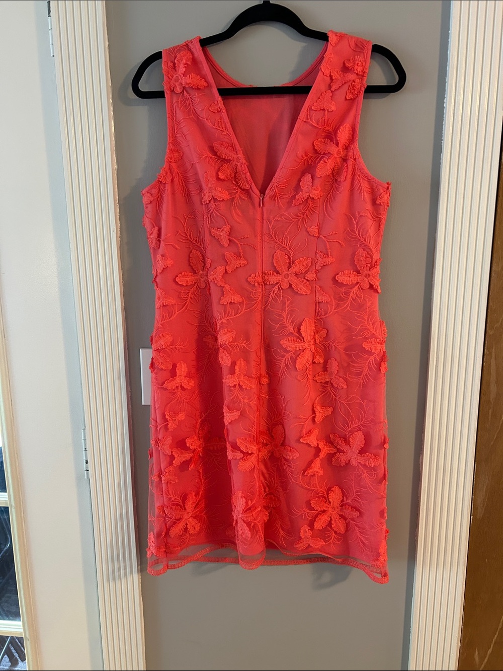 DR Collection Coral Pink 3D Floral Lace Sheath Dress - Picture 2 of 5